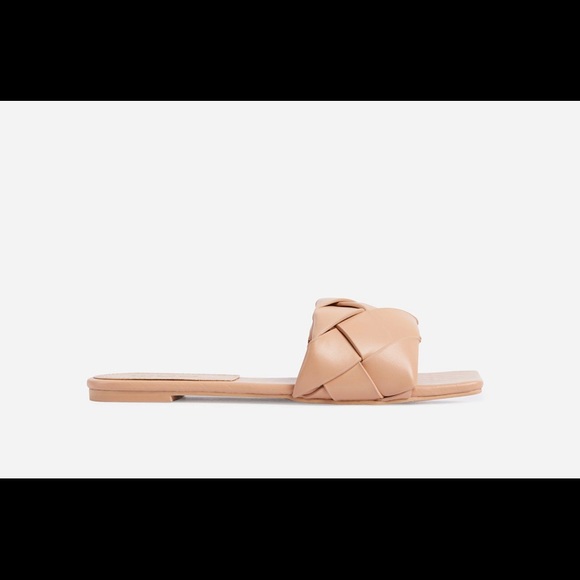 NWT, NEW RULES WOVEN SQUARE TOE FLAT SLIDER SANDAL IN NUDE FAUX LEATHER - Picture 4 of 4